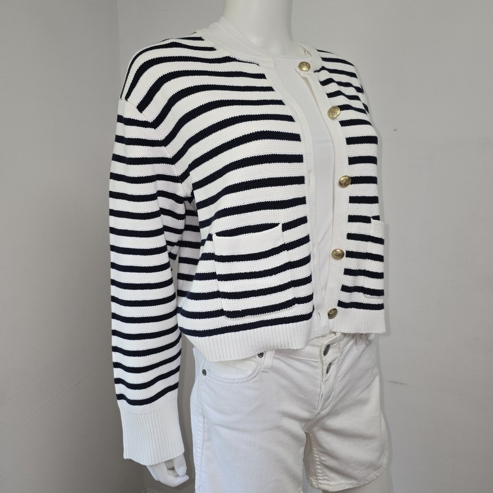 J Crew Emile Cardigan Lady Knit Jacket Size M White Navy Stripe Preppy Womens - Picture 4 of 8